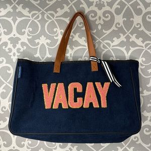Simply Southern Navy Tote Bag with Pink "VACAY" Lettering and Brown Handles